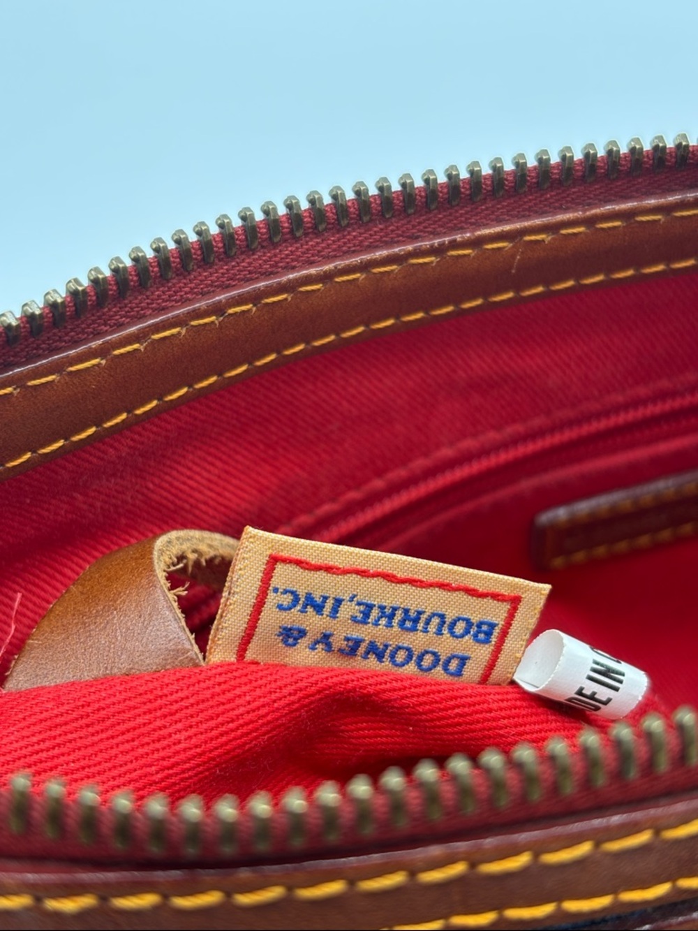 Vintage Dooney & Bourke Blue Logo Denim Banana Bag Brown Leather Trim - Picture 14 of 16